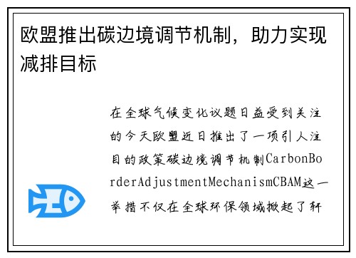 欧盟推出碳边境调节机制，助力实现减排目标